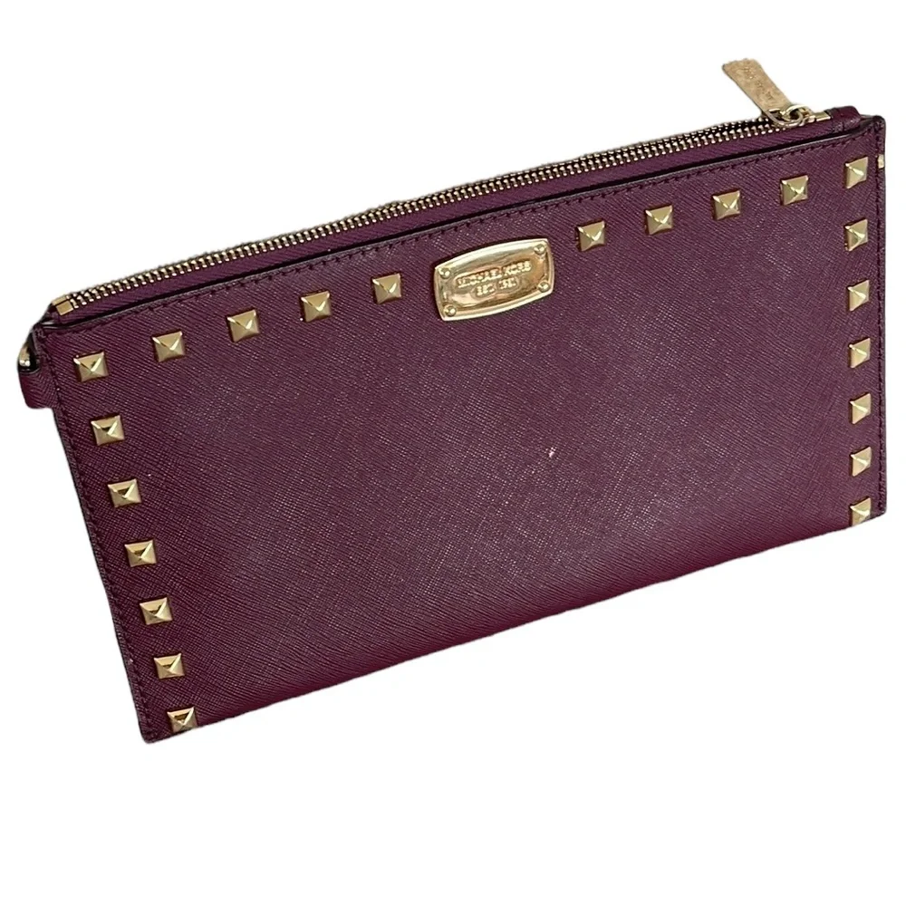 Michael Kors cherry Saffino Leather stud gold pyramid wristlet NWOT
